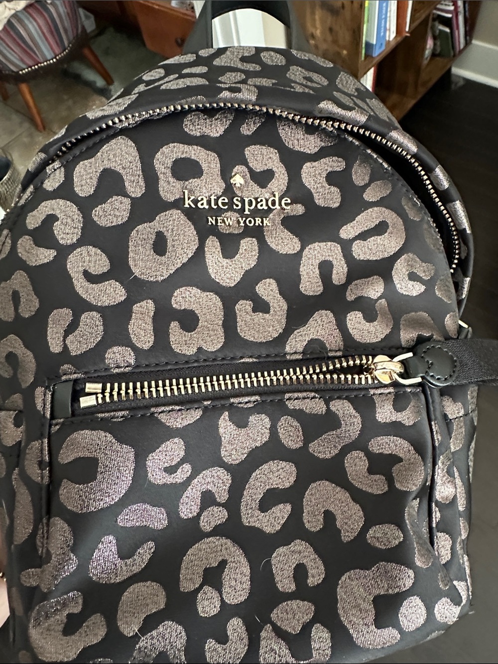 PRACTICALLY NEW kate spade black backpack with metallic taupe leopard print